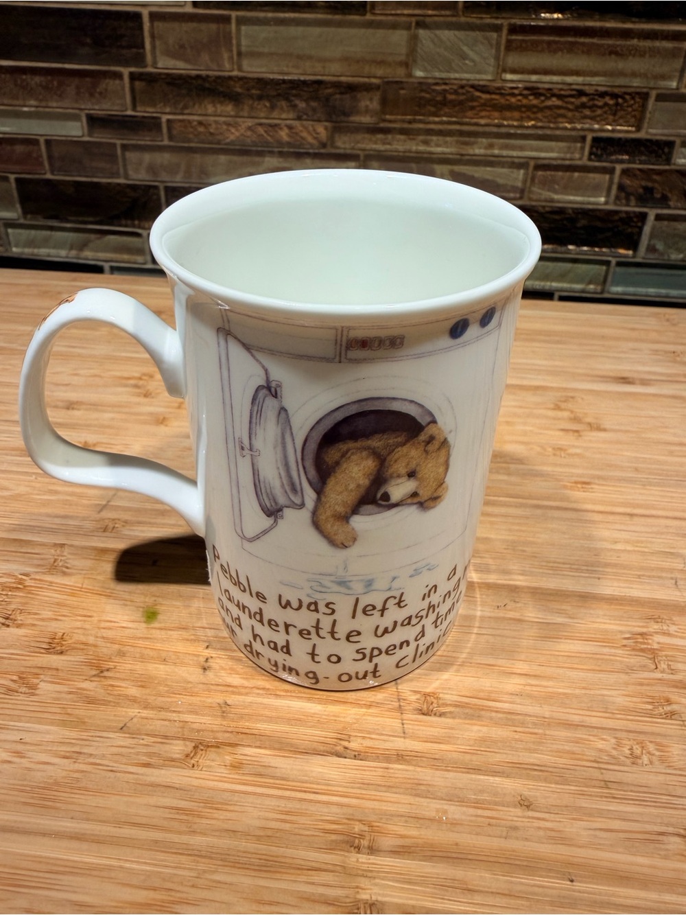 White Ceramic Mug with Teddy Bear Laundry Illustration Lost  Bear
